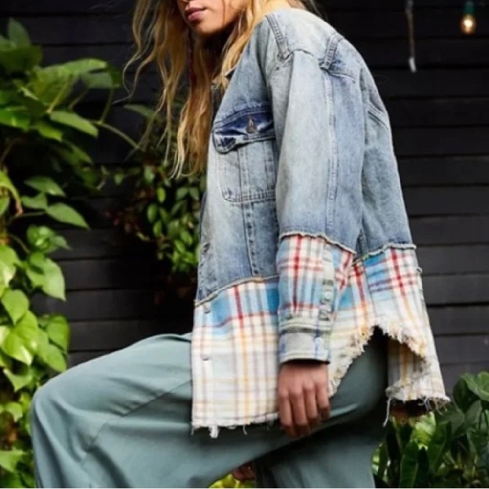 Free People - Sirius Plaid Mixed Denim Distressed Oversized Trucker Shirt Jacket